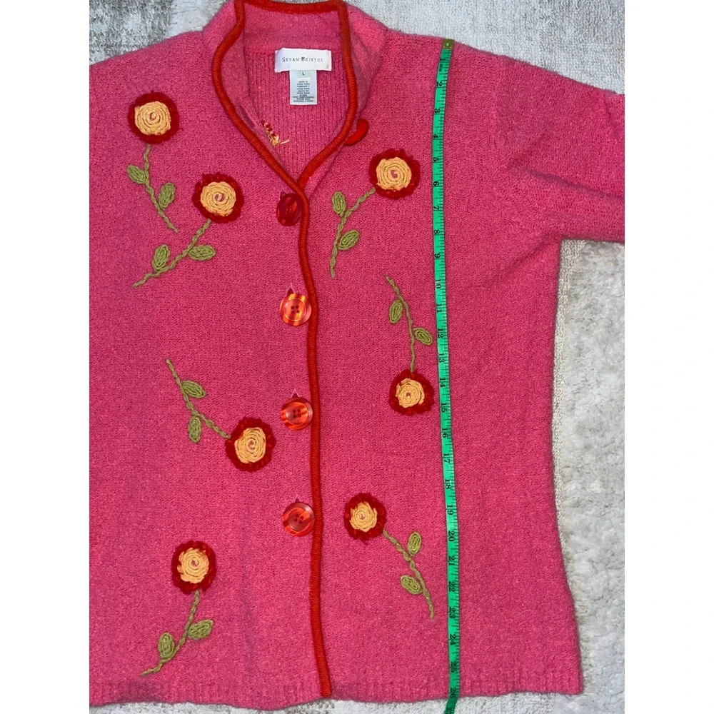 Susan Bristol Vintage Pink Hand Embroidered Floral Cardigan Sweater Large Womens - Picture 4 of 5